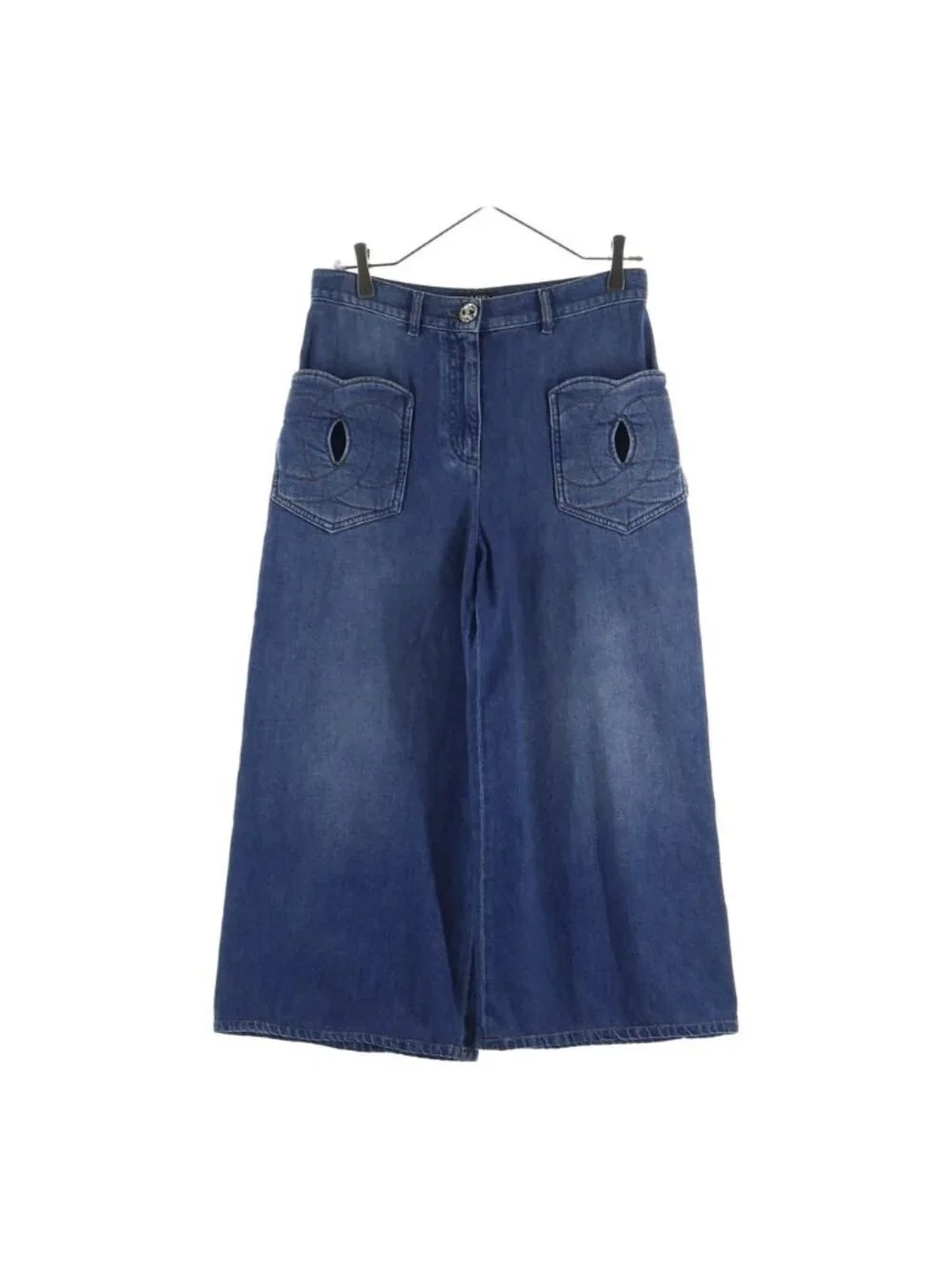 Chanel Coco Button Cotton Wide Denim Pants Indigo